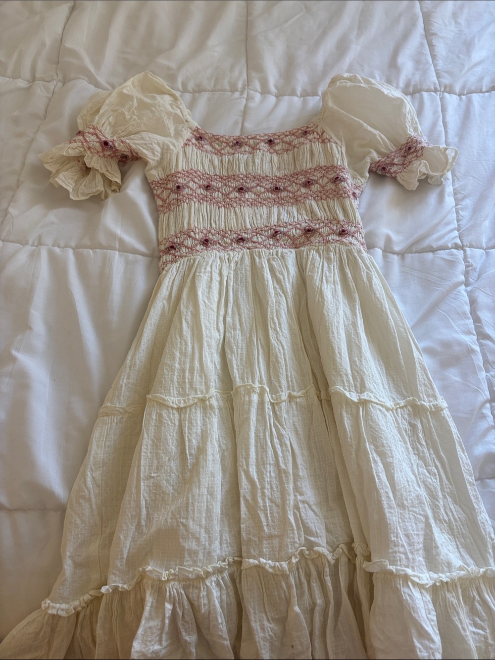 Cream Kids Puff-Sleeve Dress with Pink Smocked Detail